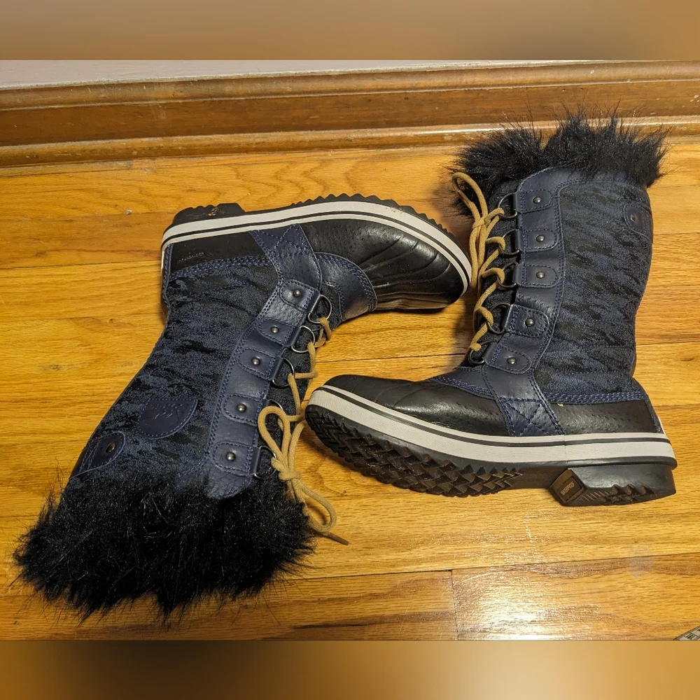 SOREL Tofino II Fleece Lined Waterproof Snow Boots Blue Black Camo Faux Fur 7.5